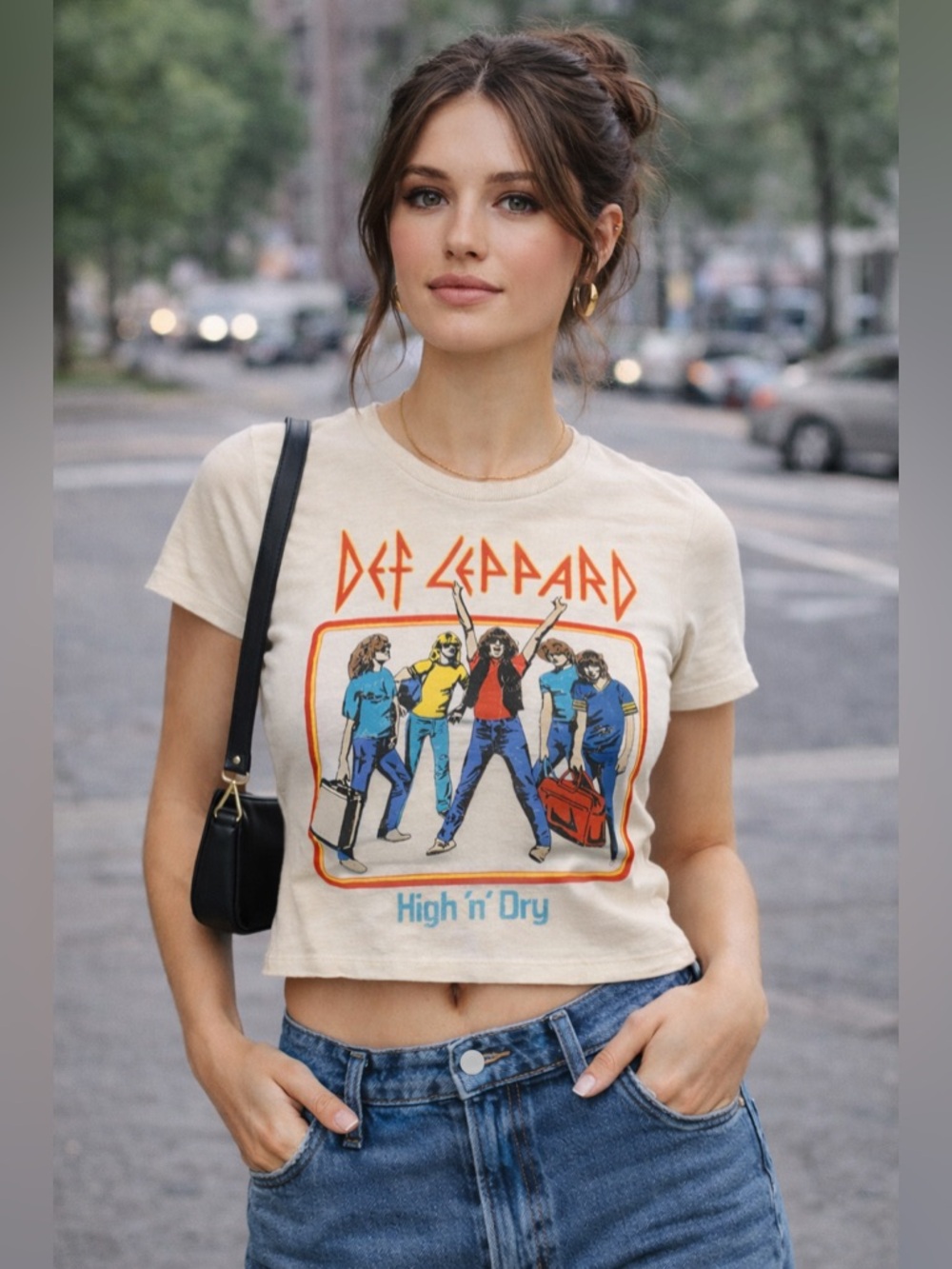 Def Leppard High N Dry Baby Tee Cropped Graphic Band Shirt Y2K